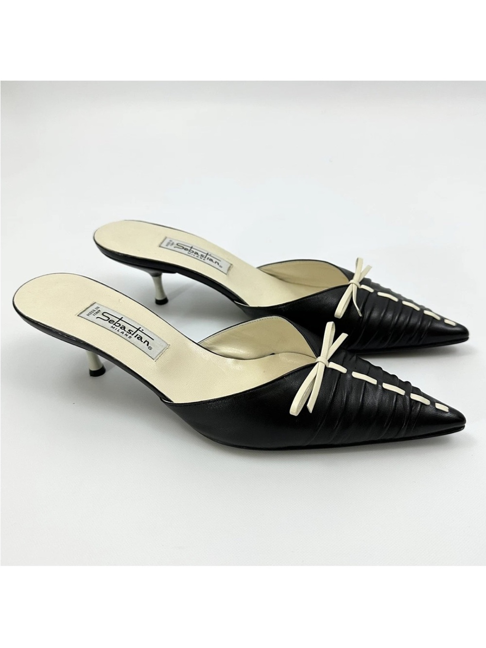Sebastian Milano Leather Pointed Toe Kitten Heel Mules Black Ivory EU 37 Italy